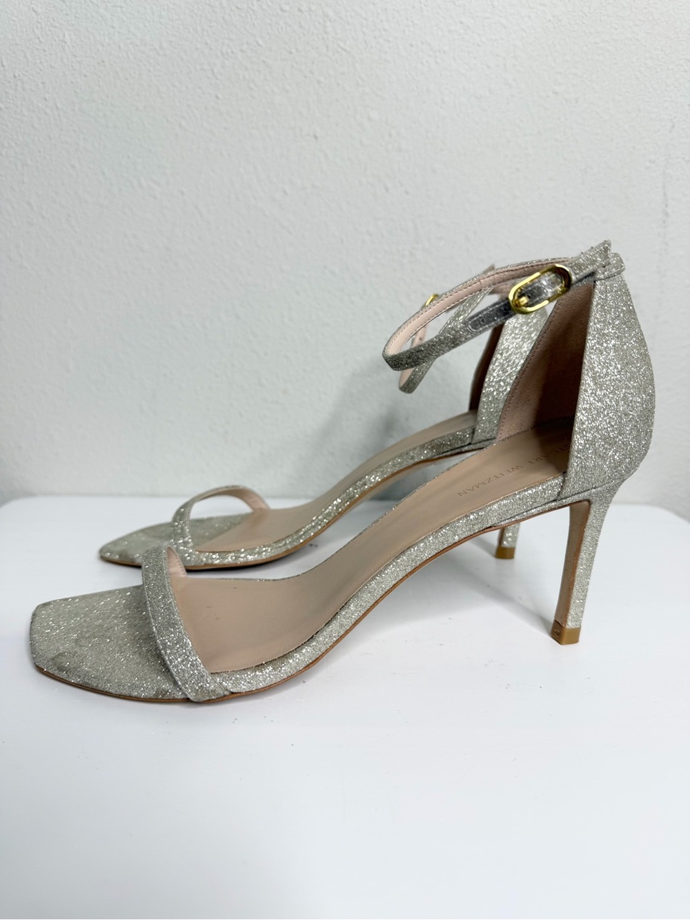 Stuart Weitzman Nudistsong Champagne Glitter Ankle Strap Heels Size 9 *read - Picture 5 of 7